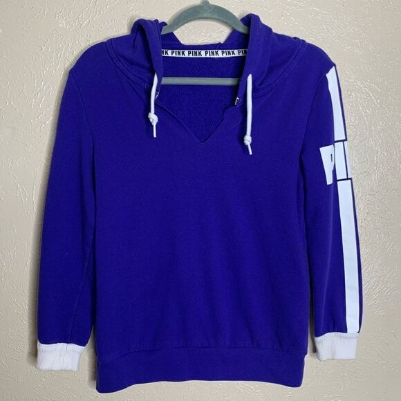 PINK crop sleeve v neck pullover hoodie indigo - Picture 1 of 6